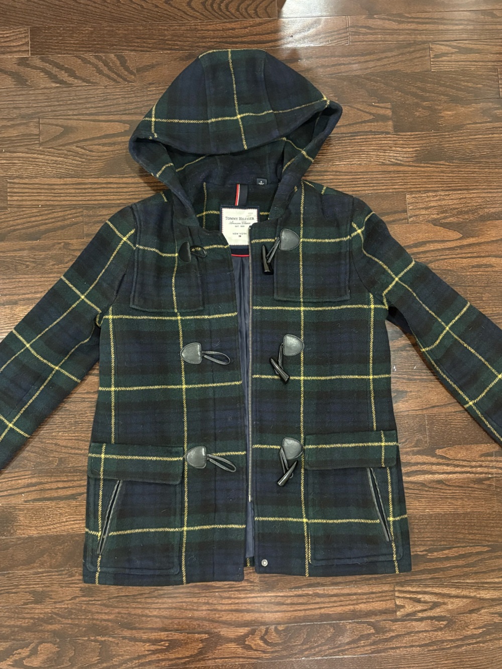 Tommy Hilfiger Navy & Green Plaid Hooded Coat